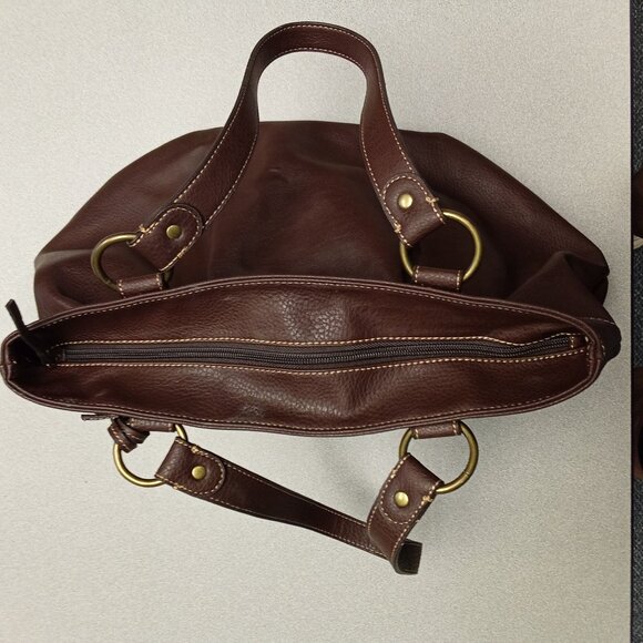 Liz & Co. Brown Faux Leather Tote Bag With Striped Fabric Lining & Multiple Comp - Picture 3 of 15